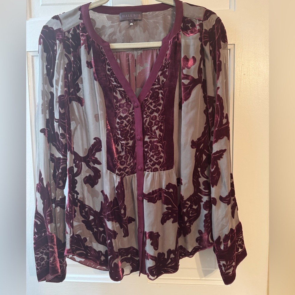 Hale Bob Velvet Burnout Silk Sheer Blouse | Boho Luxe Top Size S